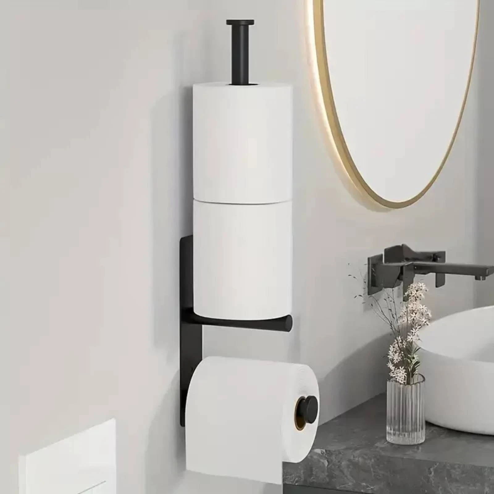 Bathroom Tissue Holder with Shelf Self-Adhesive Wall Mounted Bathroom Tissue Holder Rack Space-Saving Compact for Renters