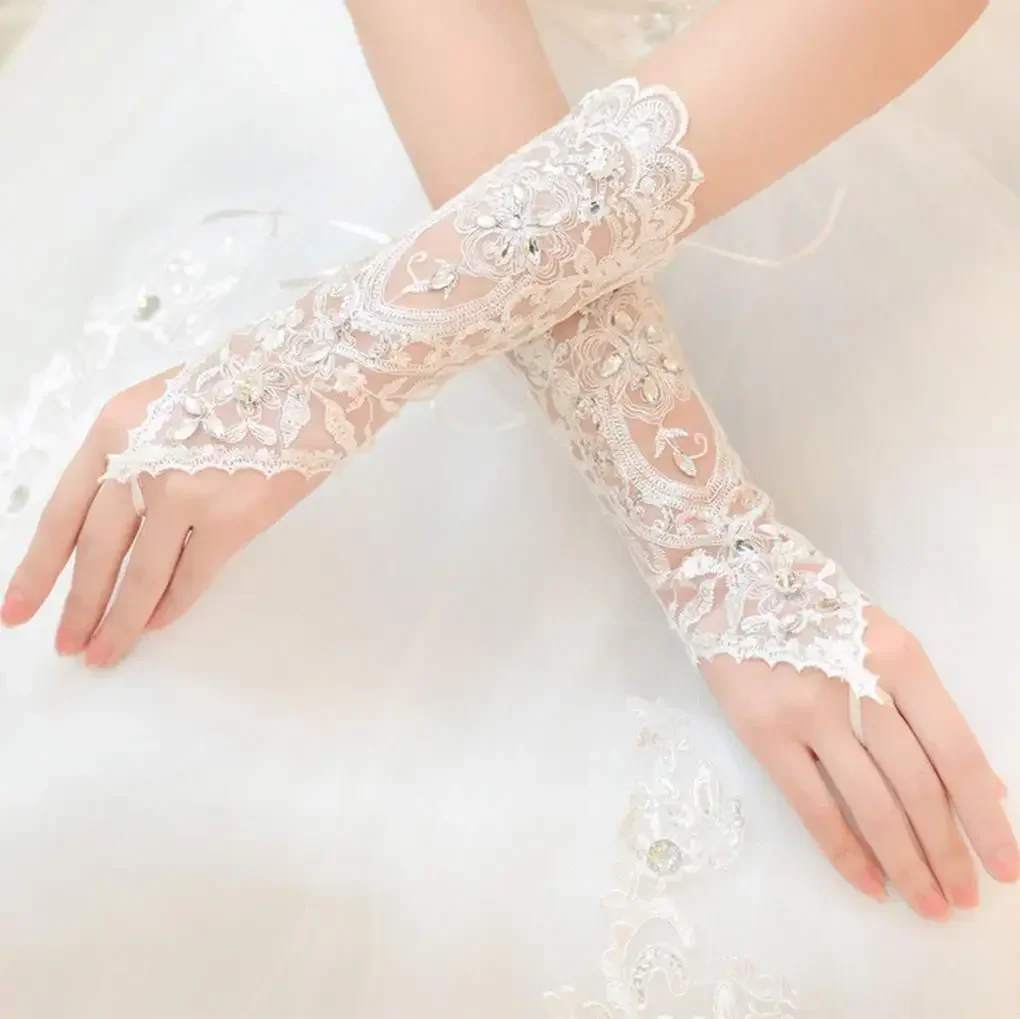 Guantes de encaje de boda para mujer, sin dedos, tul, lentejuelas de cristal, muñequeras, gancho blanco para dedo