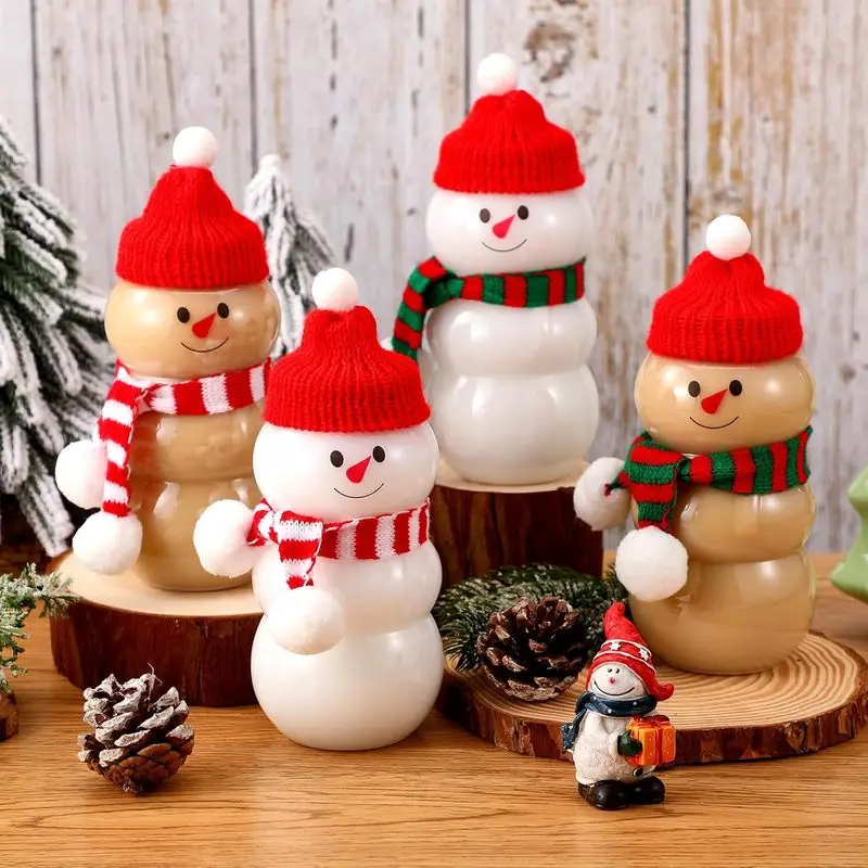 Snowman Plastic Jars, Snowman Candy Containers Equipped with Mini Christmas Hats & Scarves, Clear Plastic Treat Jars for Xmas