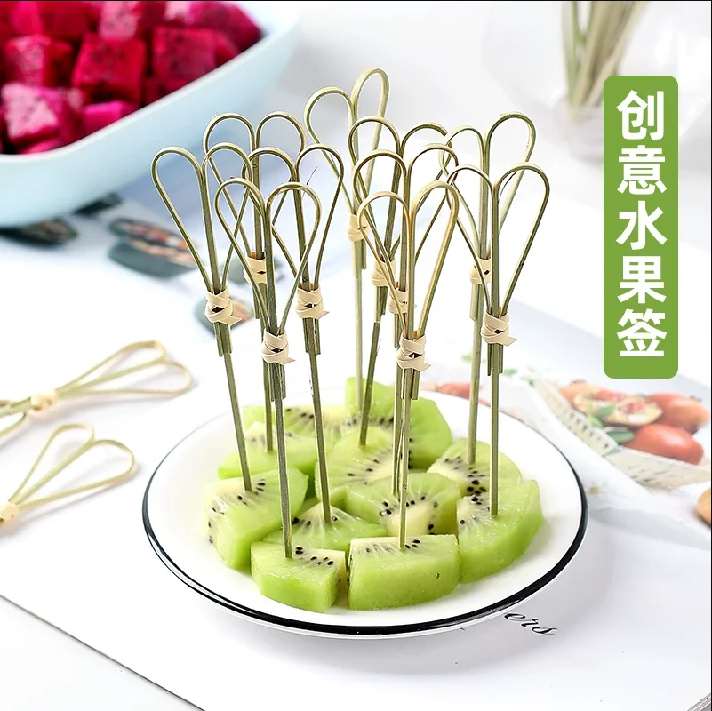 100 Pcs 12cm Cut-shaped String Fancy Creative Bamboo Sign Fruit Skewer Cocktail Fork Fruit Wood Appetizing Toothpicks Fruit