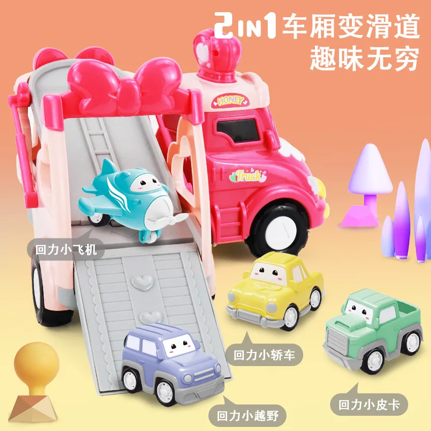 Double Layer Storage Transforming Transporter Princess Crown Music Light Container Truck Girl Toy Car suit