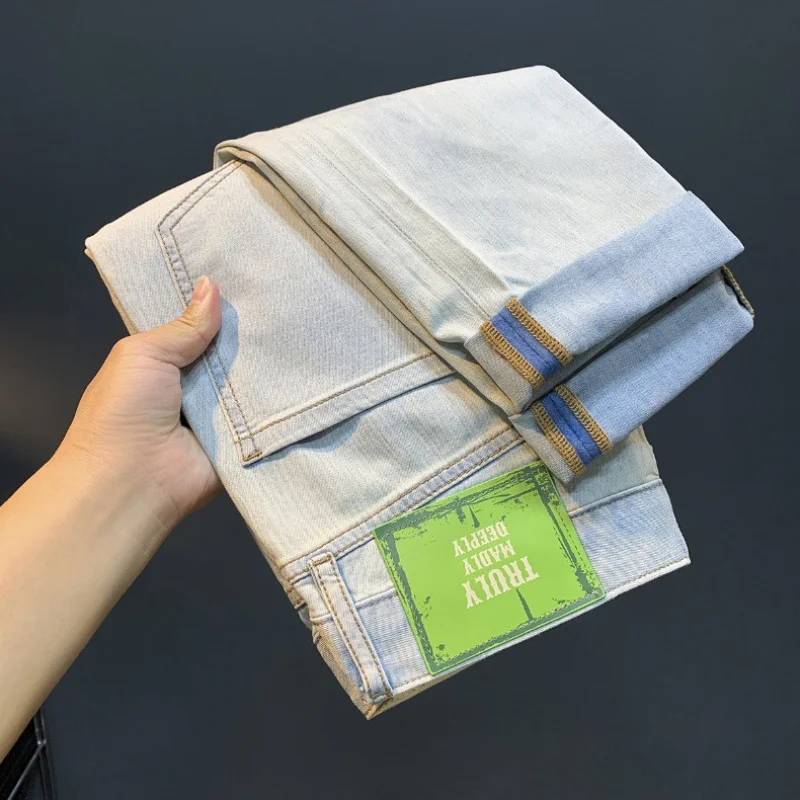 High-End All-Match Jeans Men's Summer Thin Trends Embroidered Slim Skinny Micro Loose Light Color Harem Fashion Pants