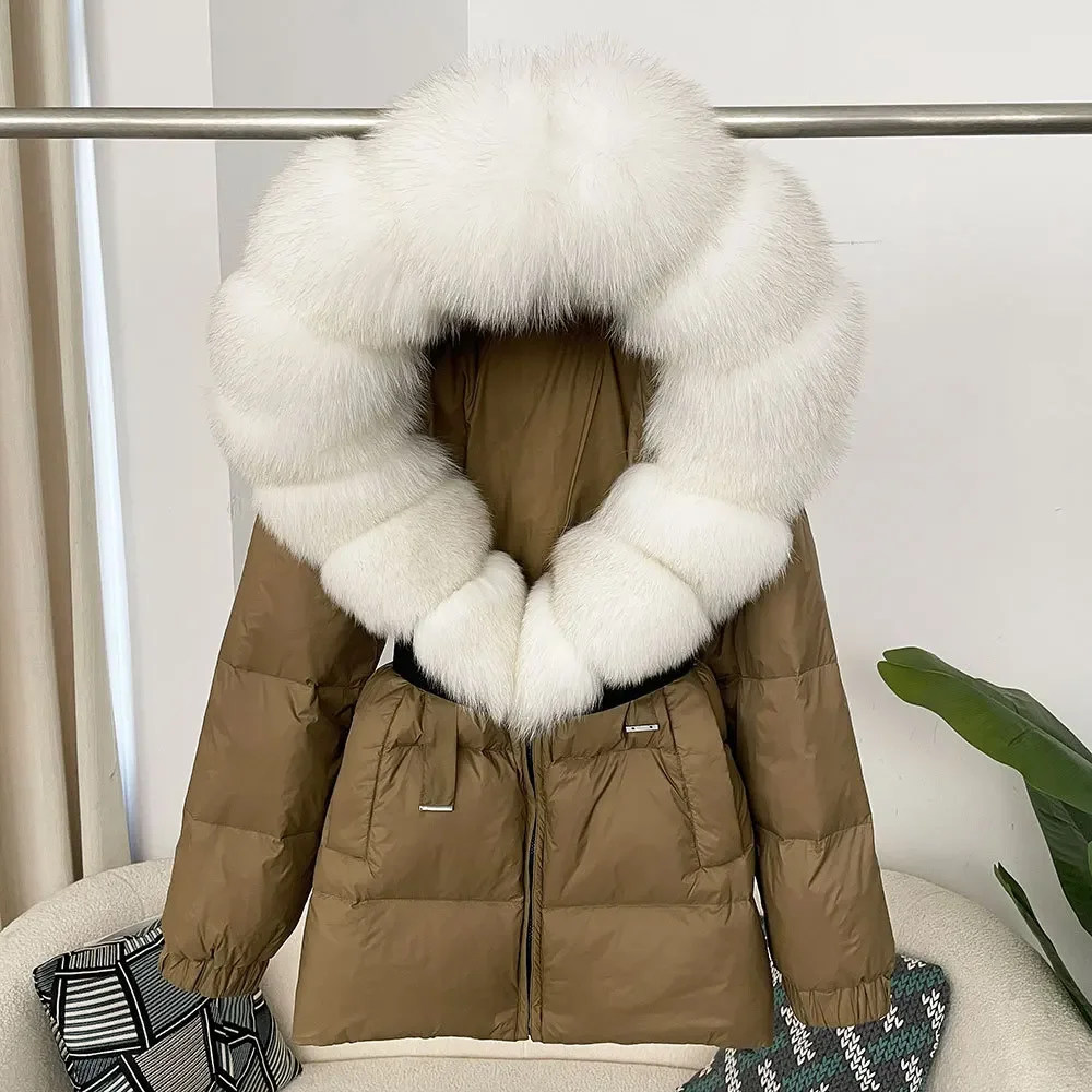 2025 chaqueta de invierno para mujer, cuello de piel de zorro Natural auténtica con capucha, abrigo grueso cálido 90% de plumón de pato blanco, ropa de calle informal para mujer