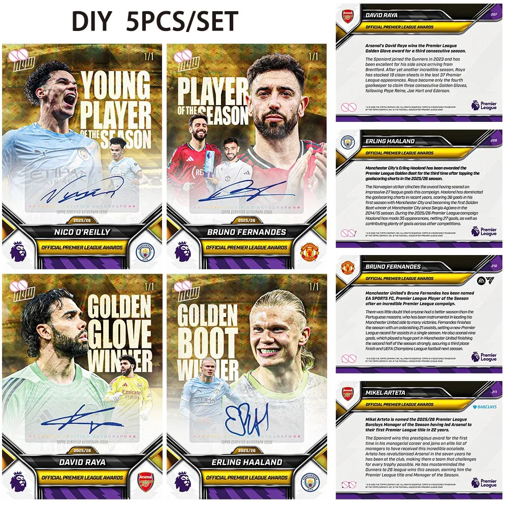 Juego de 5 Tarjetas Coleccionables de Fútbol con Textura Láser de MIKEL ARTETA, ERLING HAALAND, BRUNO FERNANDES y DAVID RAYA, Regalos para Fiestas