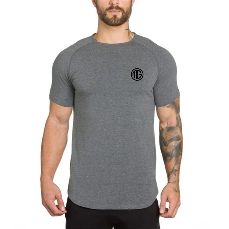 Summer Men Short Sleeve Cotton Breathable Crew Neck Gym Workout Muscle Slim Fit Fitness Bodybuilding Casual Pumping Iron -shirt