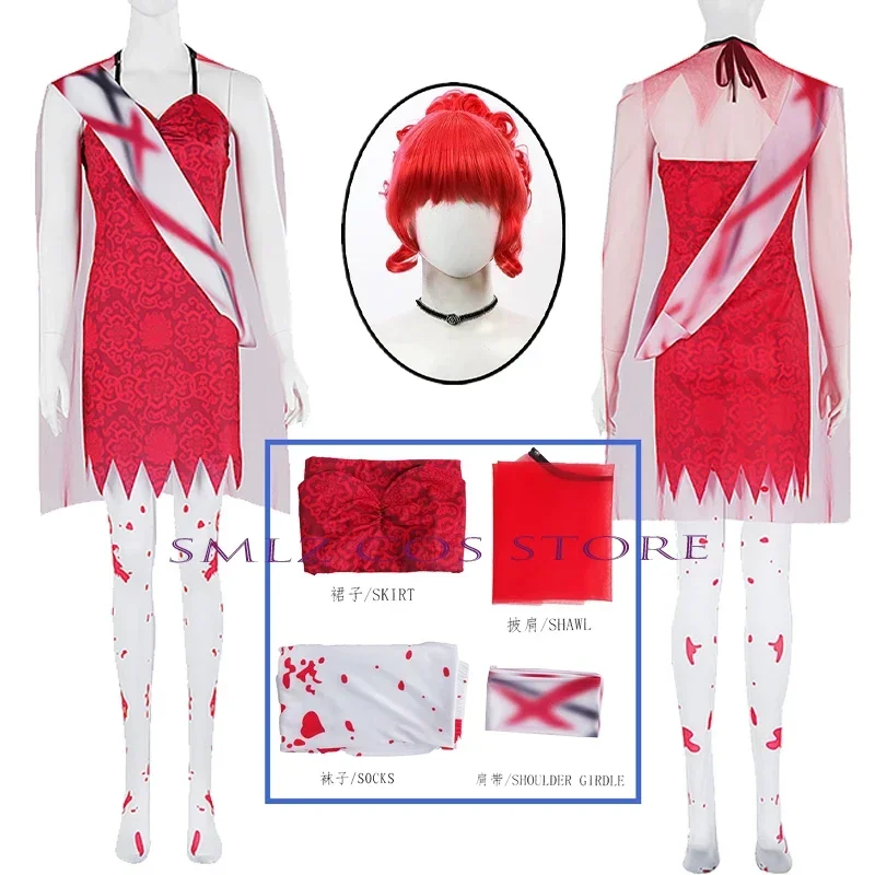 Anime Beetleguese Miss Argentina Cosplay Costume Red Dress Cloak Wig Sexy Women Suit Halloween Party Outfit for Woman