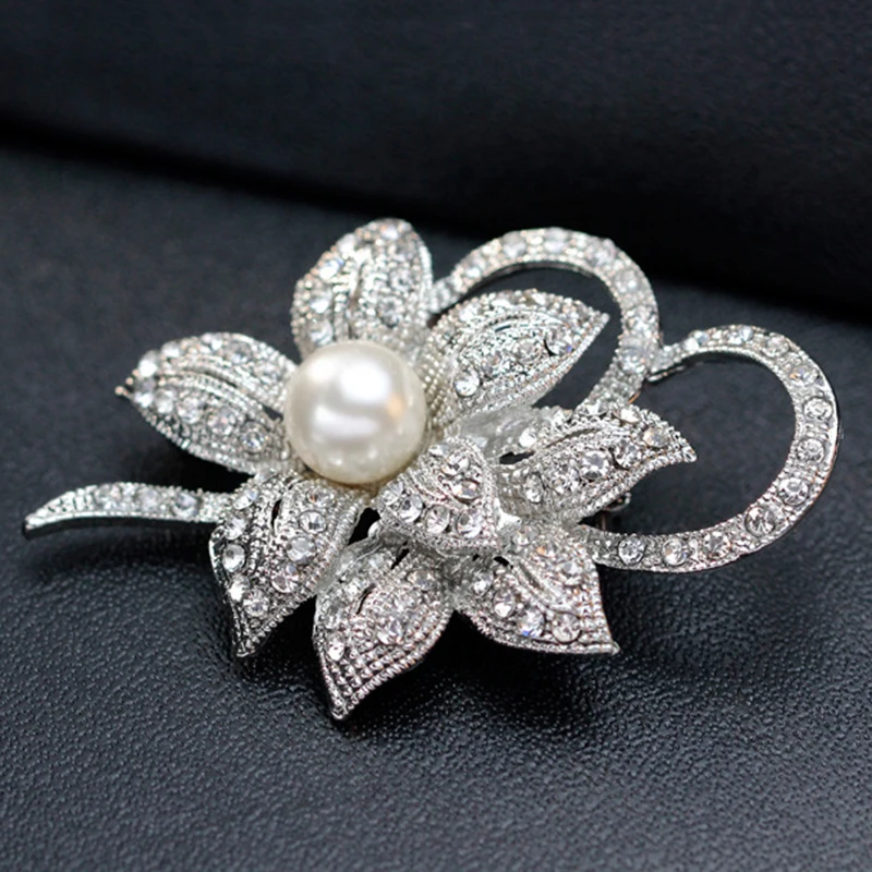 Classy Flower Brooch Pin With Shiny Created Crystal And Created Pearl For Christmas Wedding Or Prom