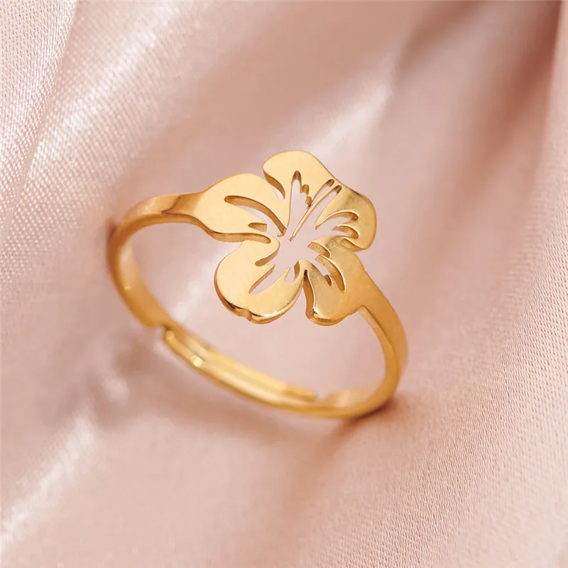 Exquisite Stainless Steel Lily Flower Adjustable Opening Rings Gold Plated Waterproof Finger Jewelry For Women Wedding Gift