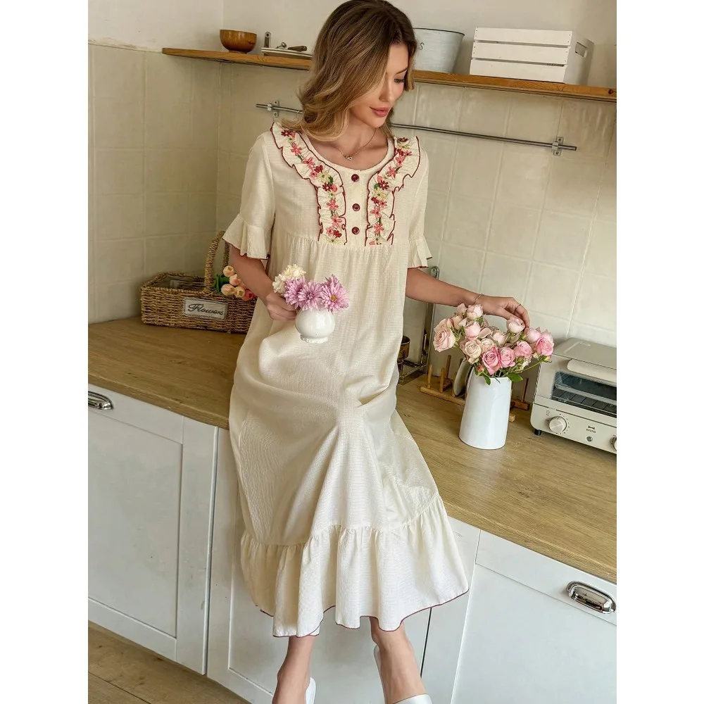 

Comfortable & Fresh Women's Woven Bubble Ruffle Floral Trim Ruffle Hem Casual Nightgown Summer Night Gown Vintage Nightgown