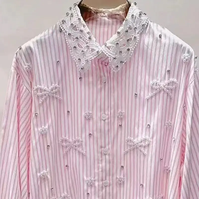 Luxury Style Pears Beads Stitch Blouses Stripe Shirts Blouses Women 2025 Spring Summer Trend Long Sleeve Loose Casual Top Blusas