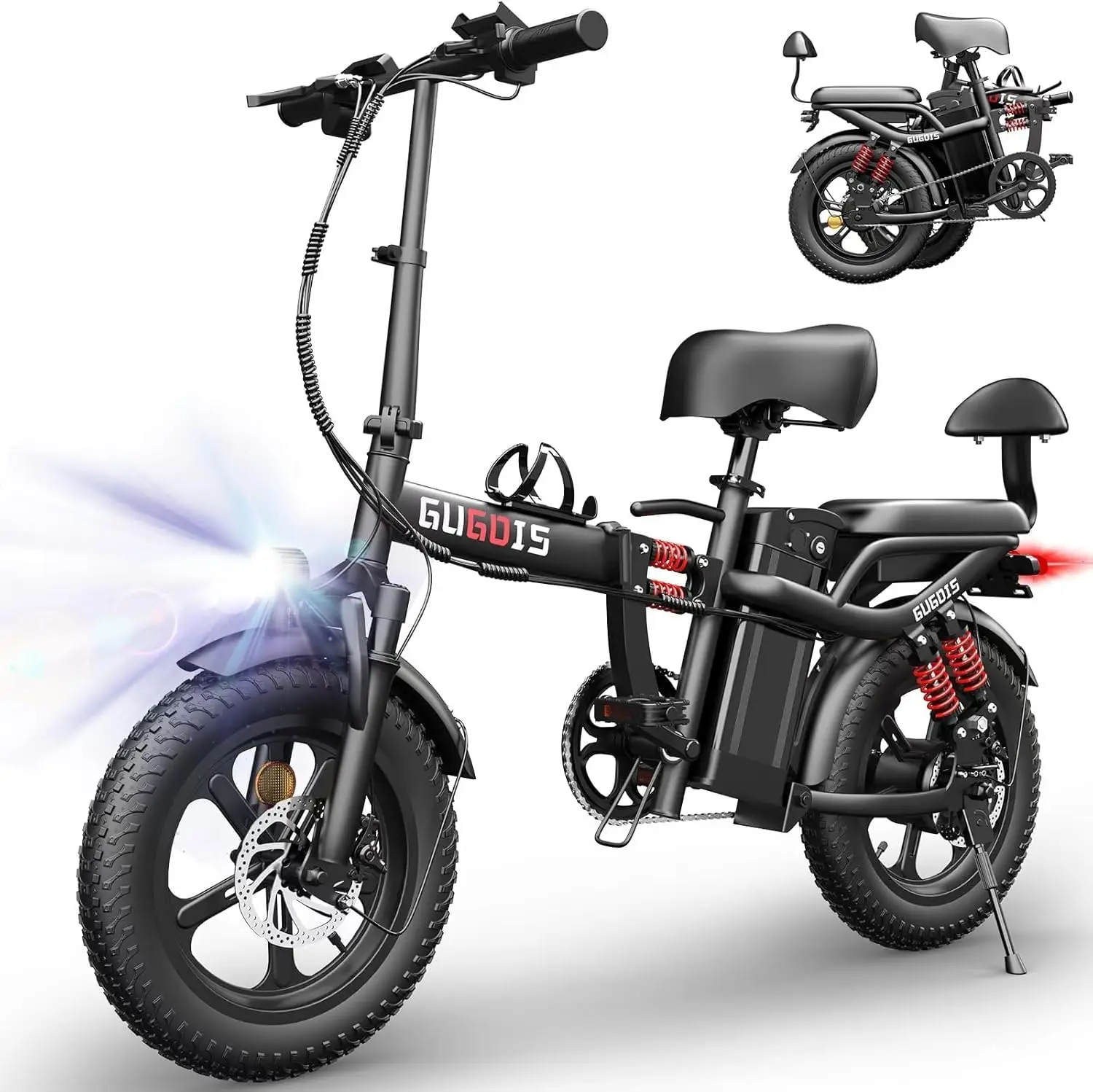 

2 Seater Foldable Electric Bike for Adults, 1000W E Bike with 16x3.0“ Fat Tire, 48V 20Ah Battery, Full Suspension, 33Mph 60Miles
