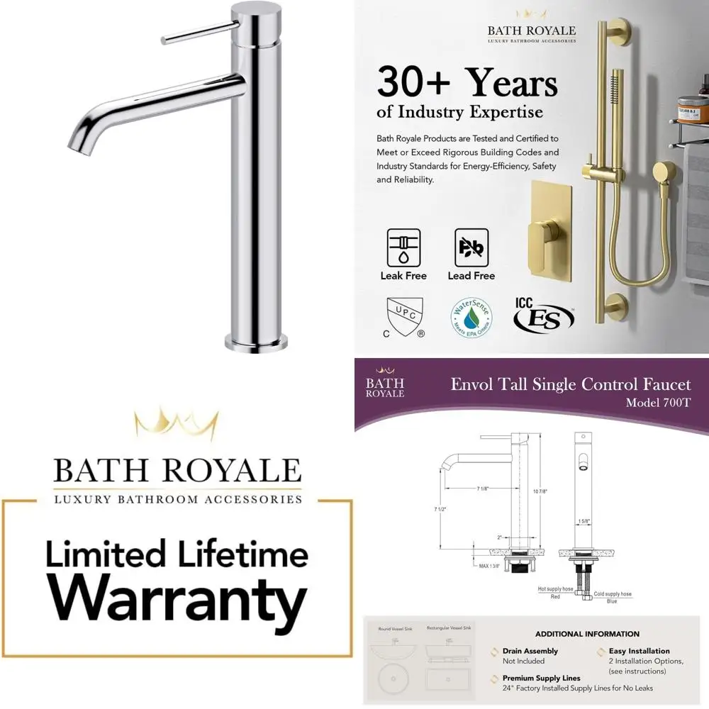 ก๊อกน้ำอ่างล้างหน้าแบบเดี่ยวทรงสูงทันสมัย สีโครเมียมขัดเงา อุปกรณ์ห้องน้ำสไตล์ร่วมสมัย