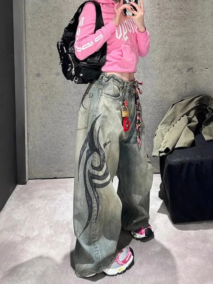 

High Waist Wide Leg Denim Jeans Women's Street Sle Printed Floor Length Casual Pants Trendy Design Casual Faion