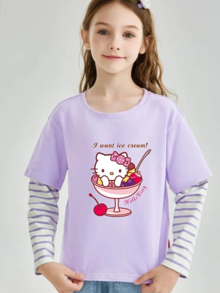 

Sanrio Autumn Baby Girls Cotton Clothes Kid Hello Kitty Printed Pullover Children Fake 2 Pieces Stripe Long Sleeve T-shirts Top