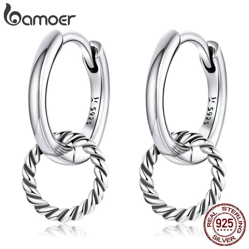 Bamoer 925 Sterling Silver Double Ring Ear Buckles Oxidized Round Circle Earrings for Women Gift Fine Jewelry Simple Style