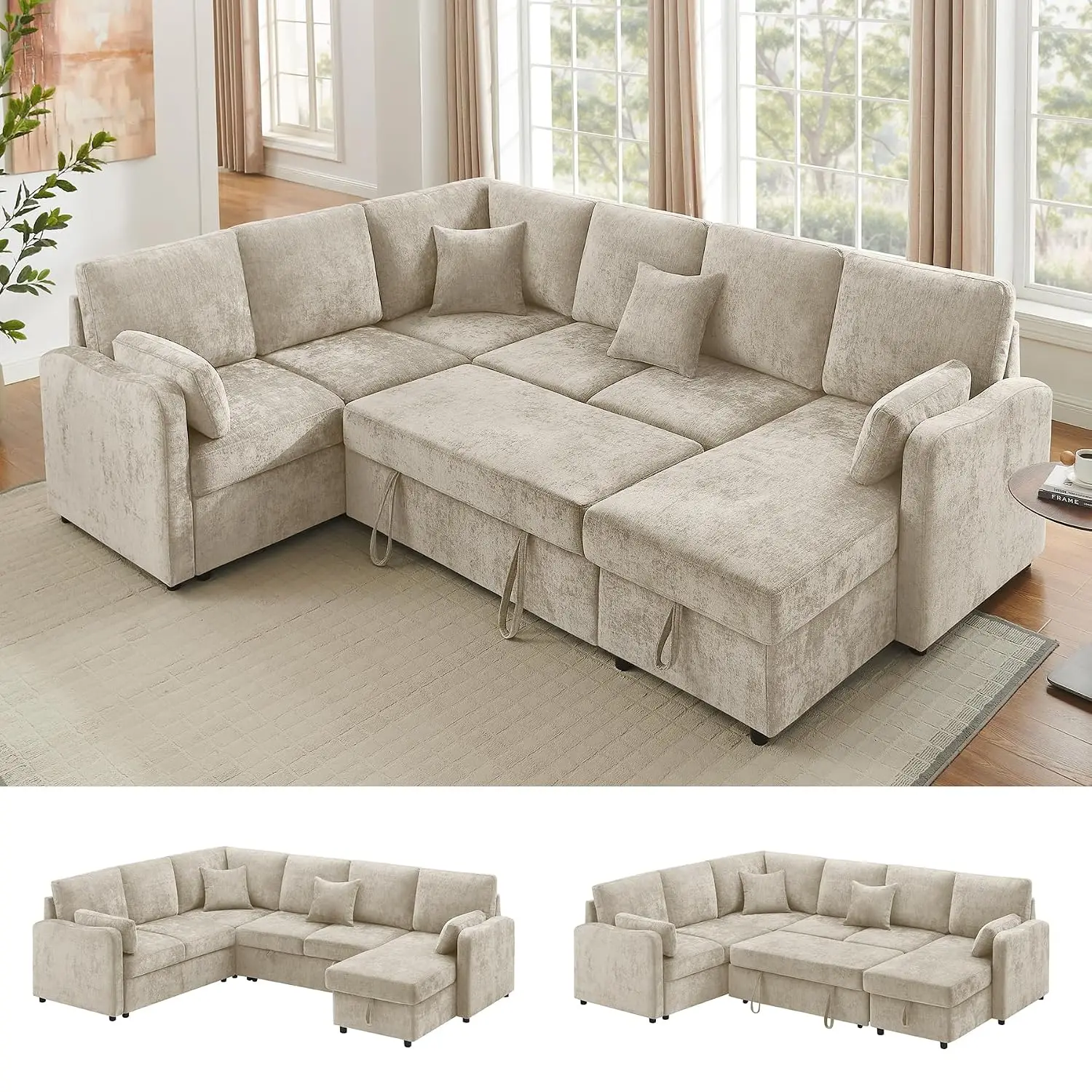 7 Seater 112'' Sectional Sleeper Sofa with Storage, Chenille Camel, Customized