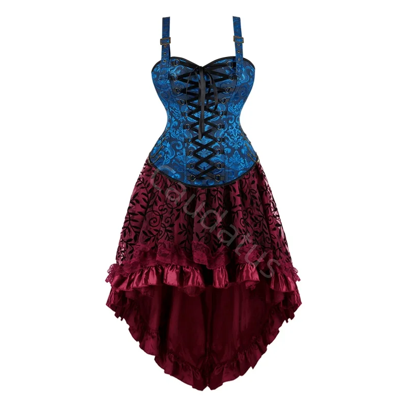 

Комплект: корсетное платье больших размеров, сексуальный топ-бюстье, юбка, костюм пирата, винтажный костюм в стиле стимпанк, модный костюм для вечеринки на Хэллоуин, синий