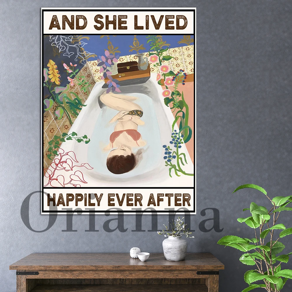 Print Home Decor Swimming And She Lived Happily Ever After Vintage Poster, Girl Swimming Poster, Ocean Swimming Canvas Painting