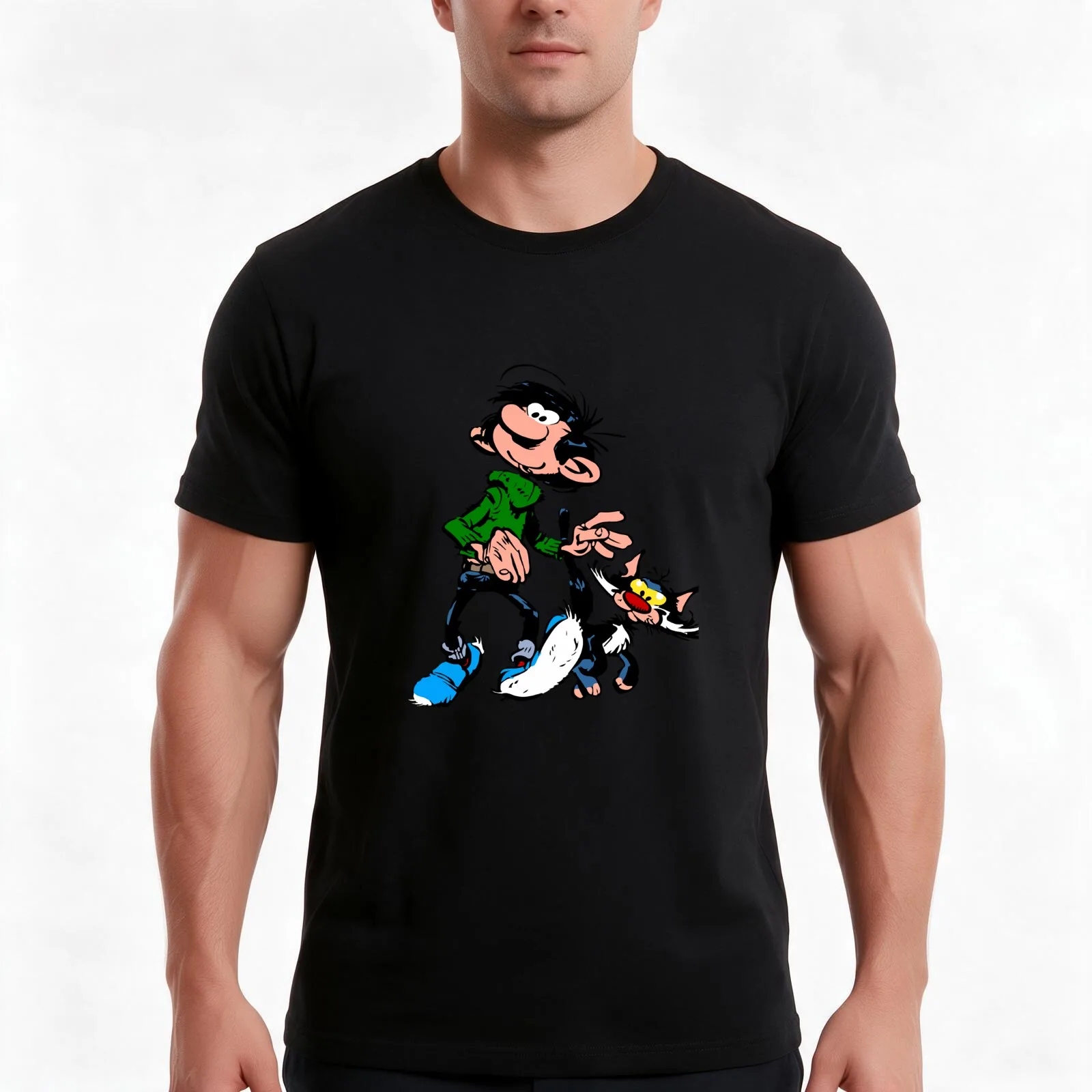 Gaston Lagaffe Movie Cartoon Color Big Ben walking with cat T-Shirt, Summer Casual Cotton Tee, Oversized Streetwear Tops