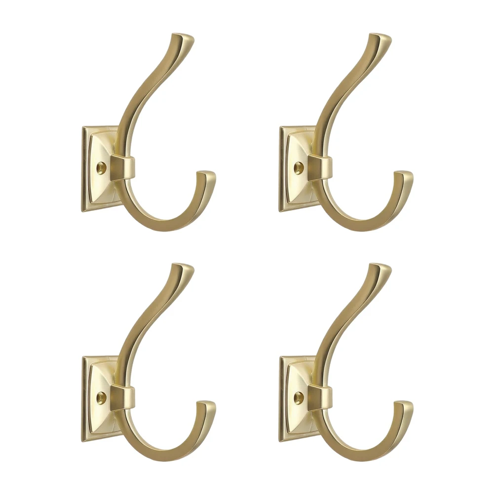Zinc Alloy Dual Prong Coat Hooks Brushed Satin Gold for Modern Home Decor 2.81 Inch Projection 0.94 Inch Hole Center Distance