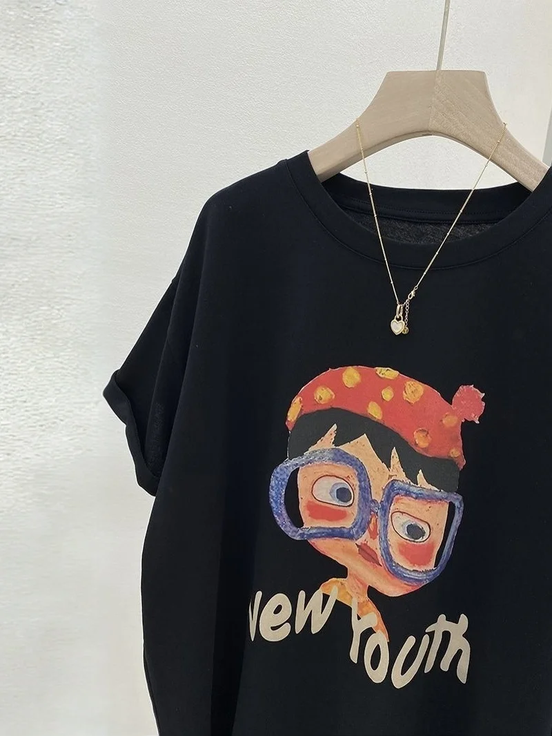 plus Size 300 Pounds Summer Cotton T-Shirt Women's Loose round Neck Short Sleeve Cartoon Print Top Belly Covering Shirt