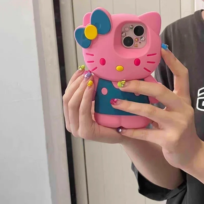 3D stereoskopische süße Cartoon Sanrio Hello Kitty weiche Silikon-Handyhülle für iPhone 16 15 14 13 12 Pro Max stoßfeste Softcover