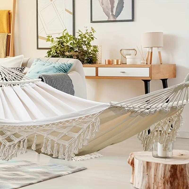Double Hammock，Made of Bohemia style grids canvas，Casual Swing Anti-Rollover Camping Hanging Chair