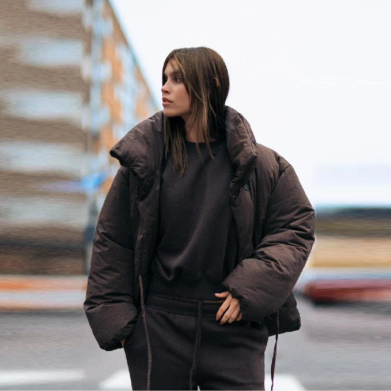 

Fall Winter Puffers Jacket For Women Thicken High Neck Loose Cotton Padded Coat Lace Up Warm Outwear 2025 New Lady Warm Outwear