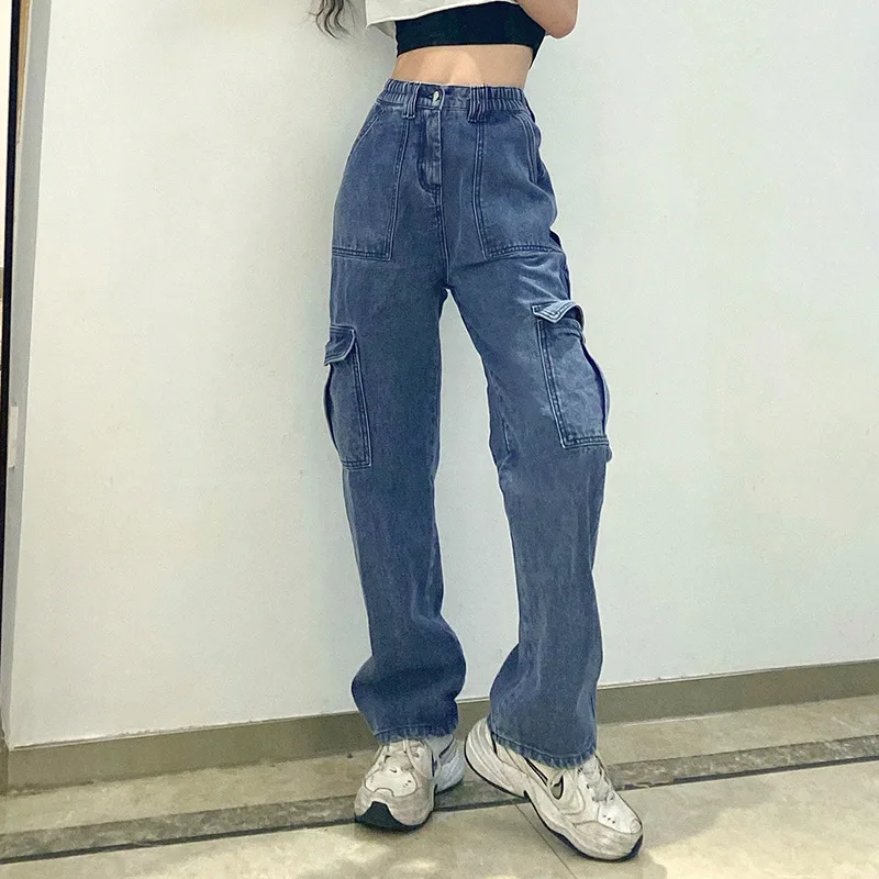 

Women's Spring Autumn Pocket Patchwork Jeans Loose Street Fashion 100% Cotton Denim Slacks Cargo Pants Korea Harajuku Jeans