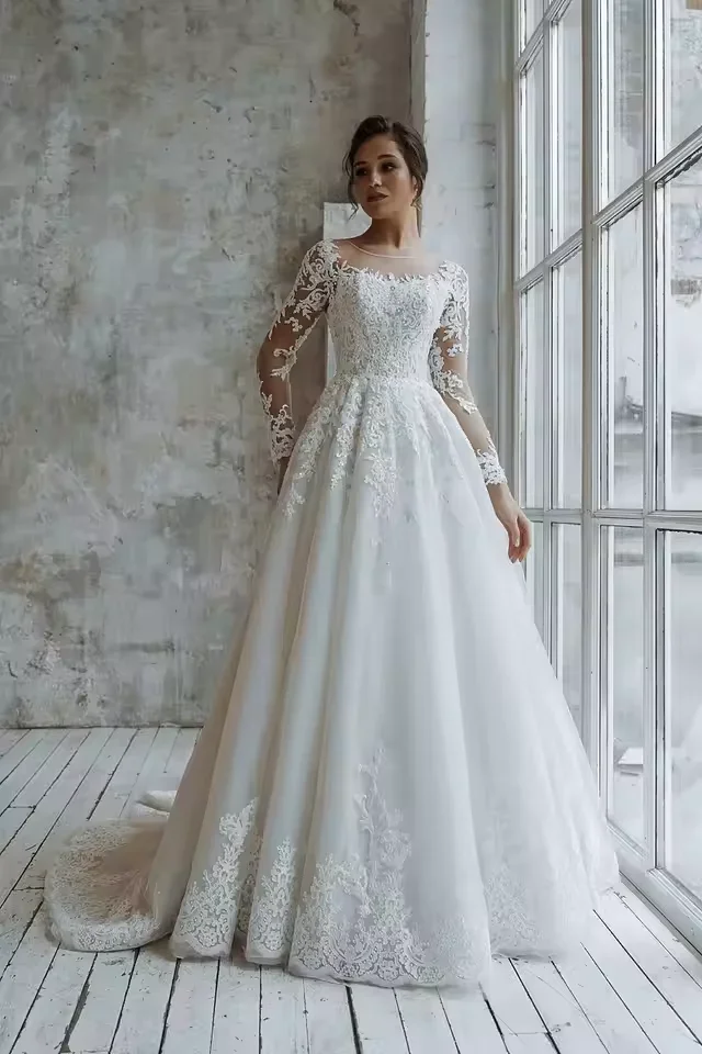 فساتين زفاف Flavinke مخصصة من vestidos de novia على شكل حرف a وأكمام طويلة مزينة بالدانتيل واللؤلؤ الأميرة للنساء فساتين العروس
