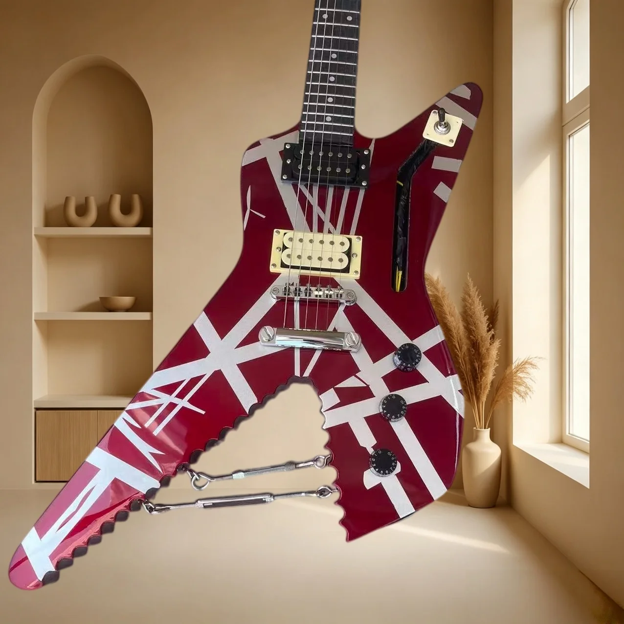 Wine Red White Stripe V Shape Shark Sawtooth Electric Guitar Dual Humbuckers Mahogany Body Heavy Metal Hard Rock Stage Guitar