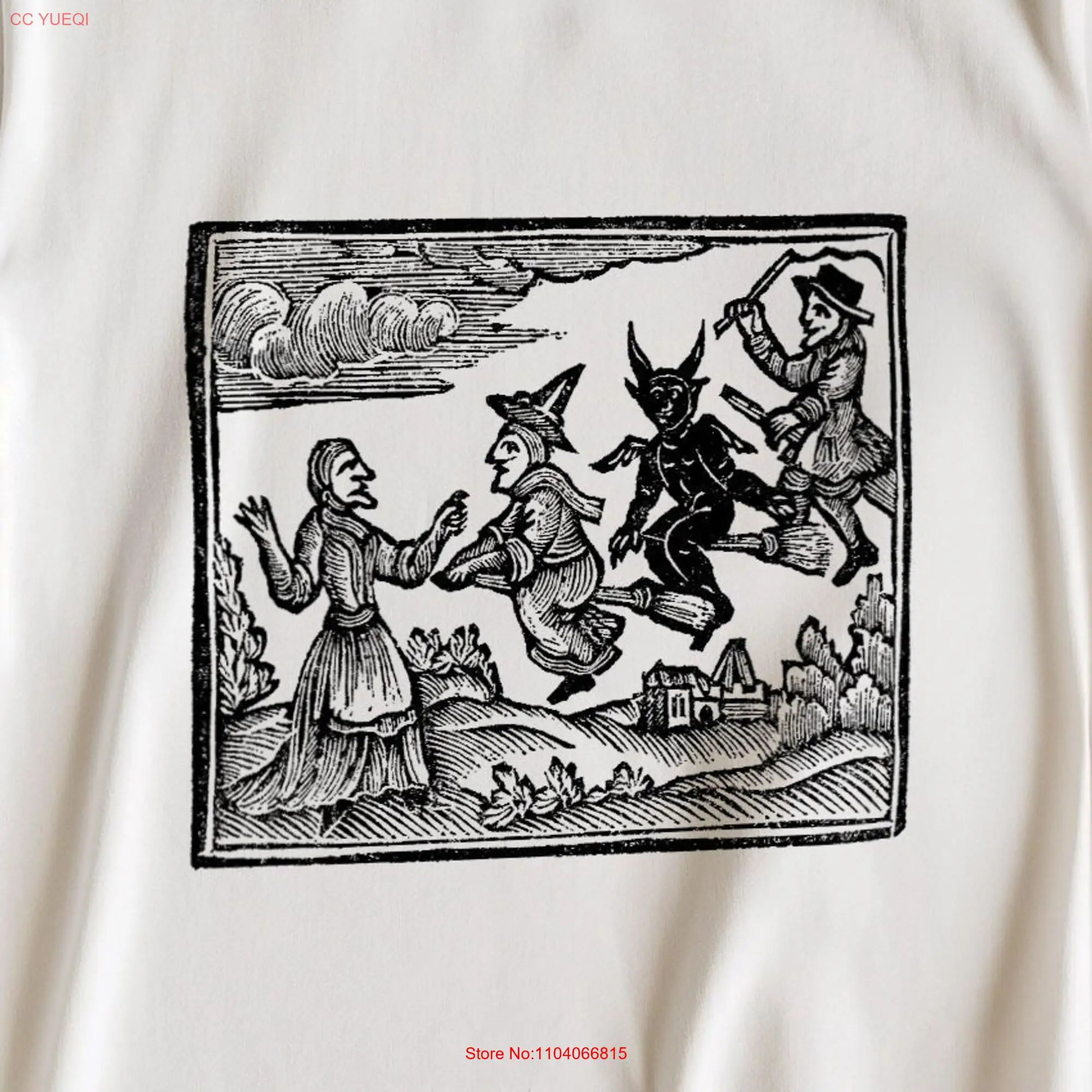 Witches And Devils On Broomsticks T Shirt Adult Organic Cotton Remastered Vintage Witchy Art Oversized Print