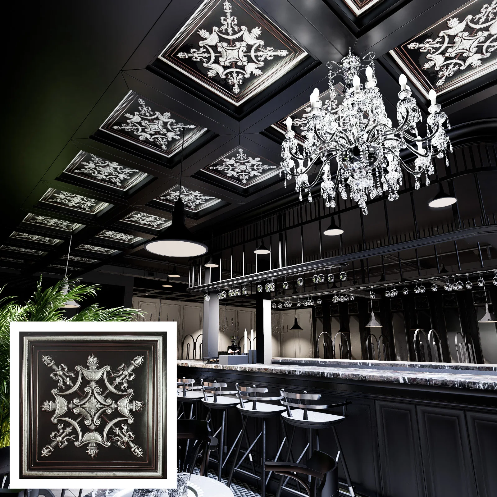 Ceiling Tiles Faux Painted Plastic 3D Wall Panels Waterproof Decor for Cafe Club Salon PL07 Traditional silver 10Pcs