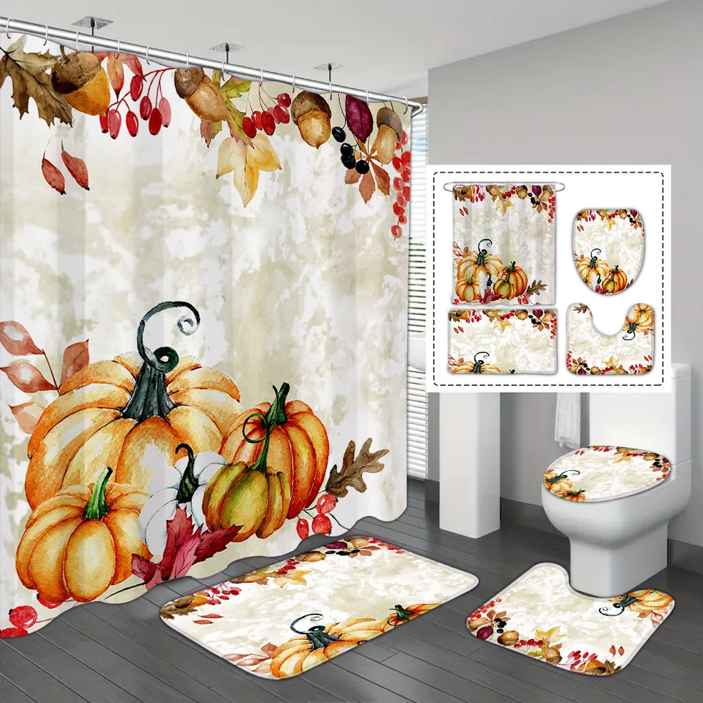 

4-piece pumpkin maple leaf autumn waterproof shower curtain with 12 hooks, waterproof printed curtain, bathroom foot pad