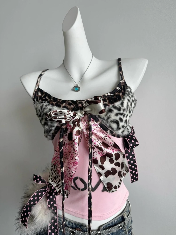 Estetico Vintage Rosa Stampa Leopardo Sling Donna Estate Hot Girl Slim Bow Off Spalla Gilet Hepburn Y2k Polka Dot Canotta