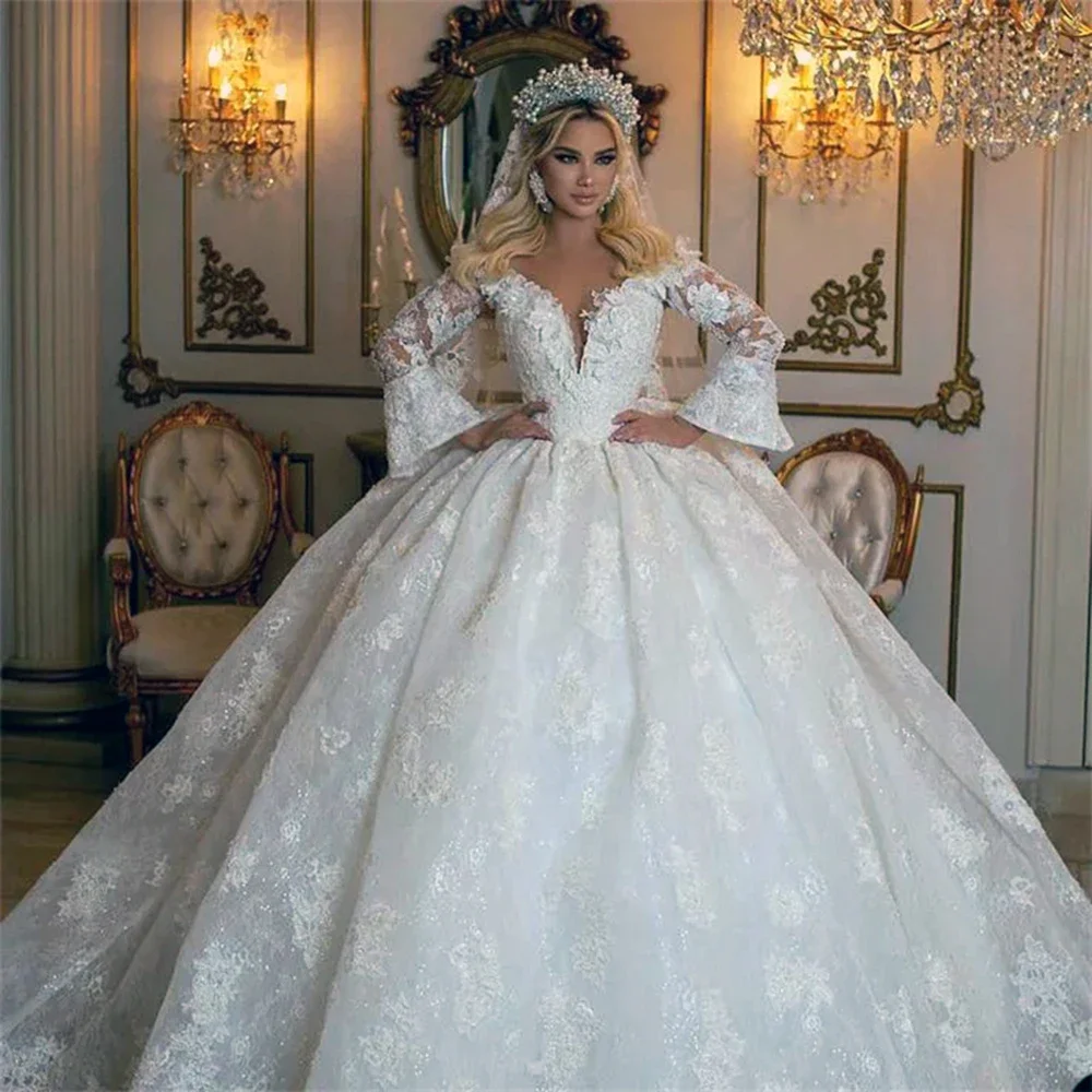 

Customized V-Neck Wedding Dresses Women Lace Appliques Flared Long Sleeves Bridal Gowns Sequined Sweep Train Vestido De Novia