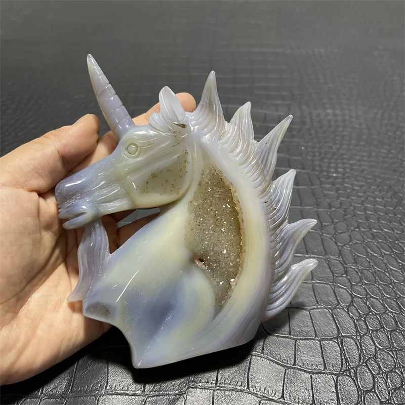 386g Natural hand carved agate geode rock quartz crystal unicorn sculpture ornament carving