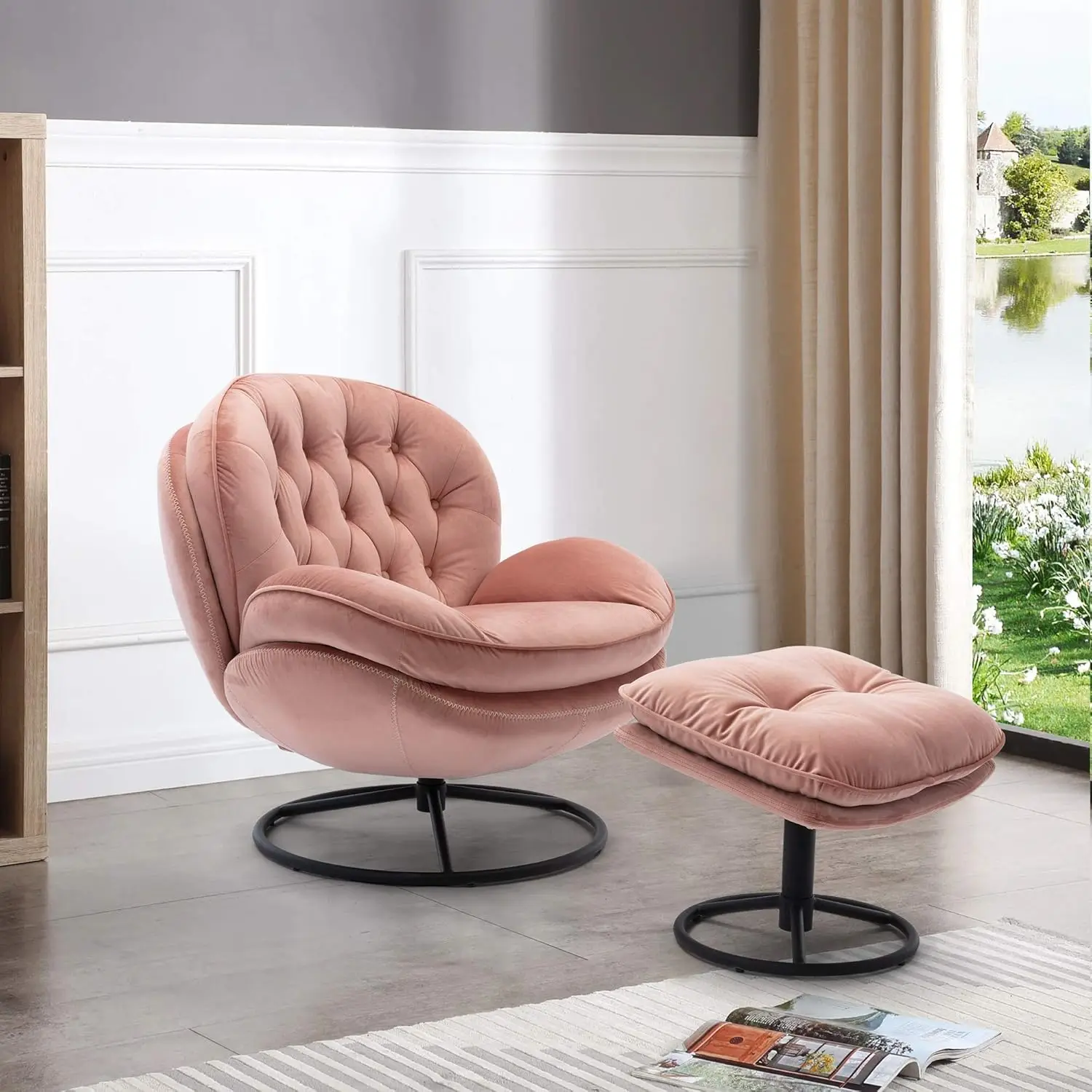 Velvet Swivel Accent Chair with Ottoman Set Modern Lounge Chair with Footrest Comfy Armchair with 360 Degree Swiveling