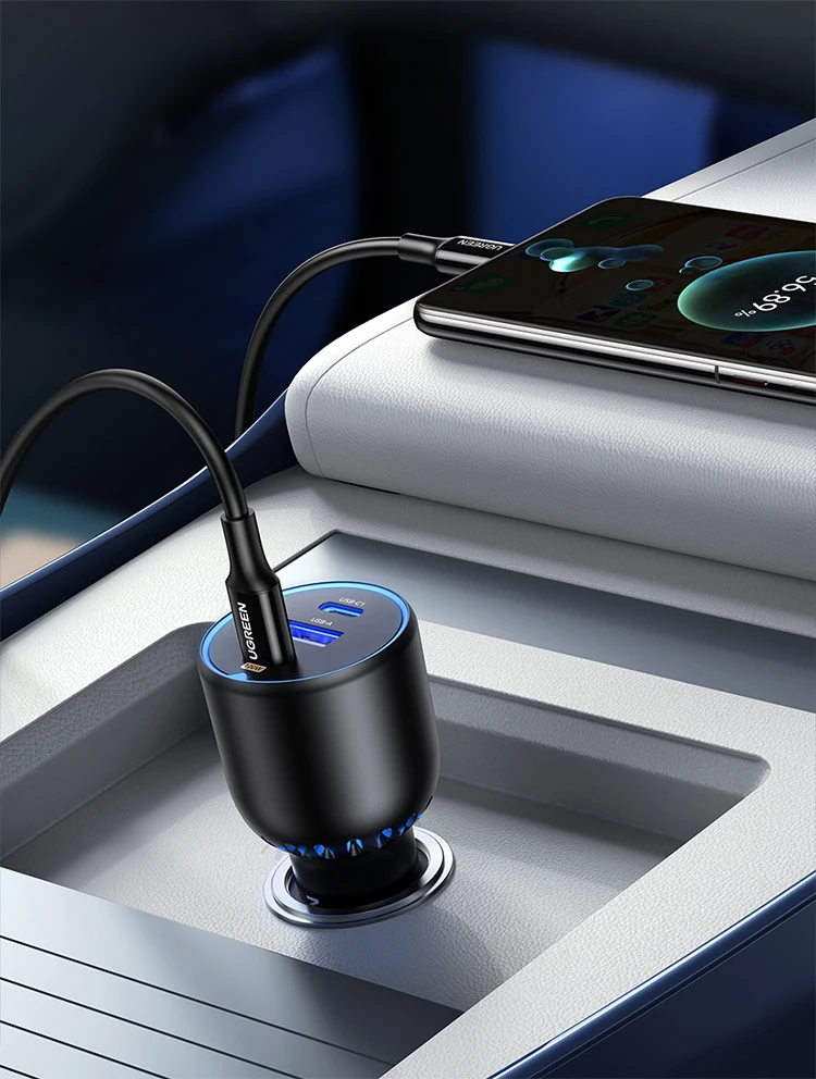 UGREEN 130W USB C Fast Car Charger For Xiaomi iPhone 18 Samsung Galaxy S25 Laptops PD3.0 Fast Charging USB Type C Car Charger