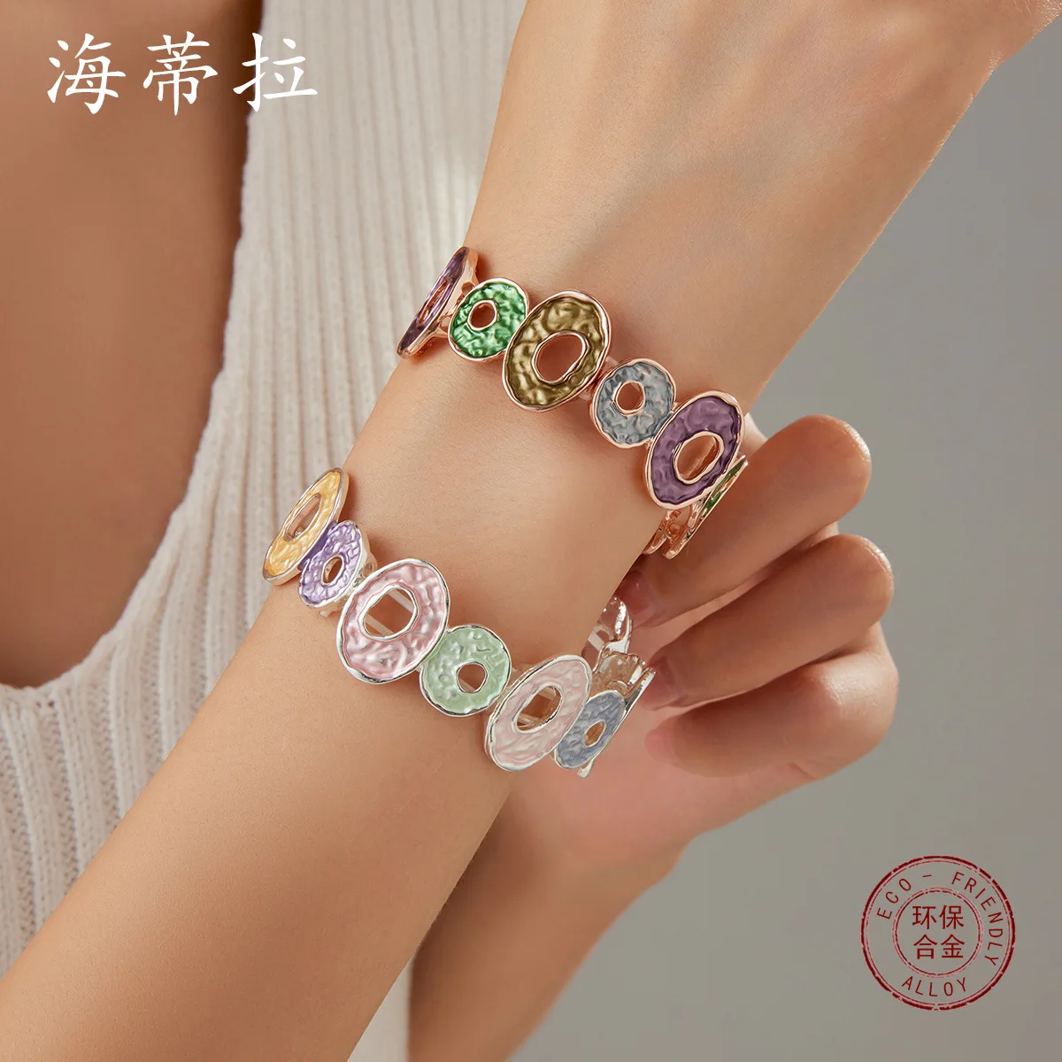 Color painting oil oval hollow elastic bracelet corrugated women's handmade versatile alloy bracelet