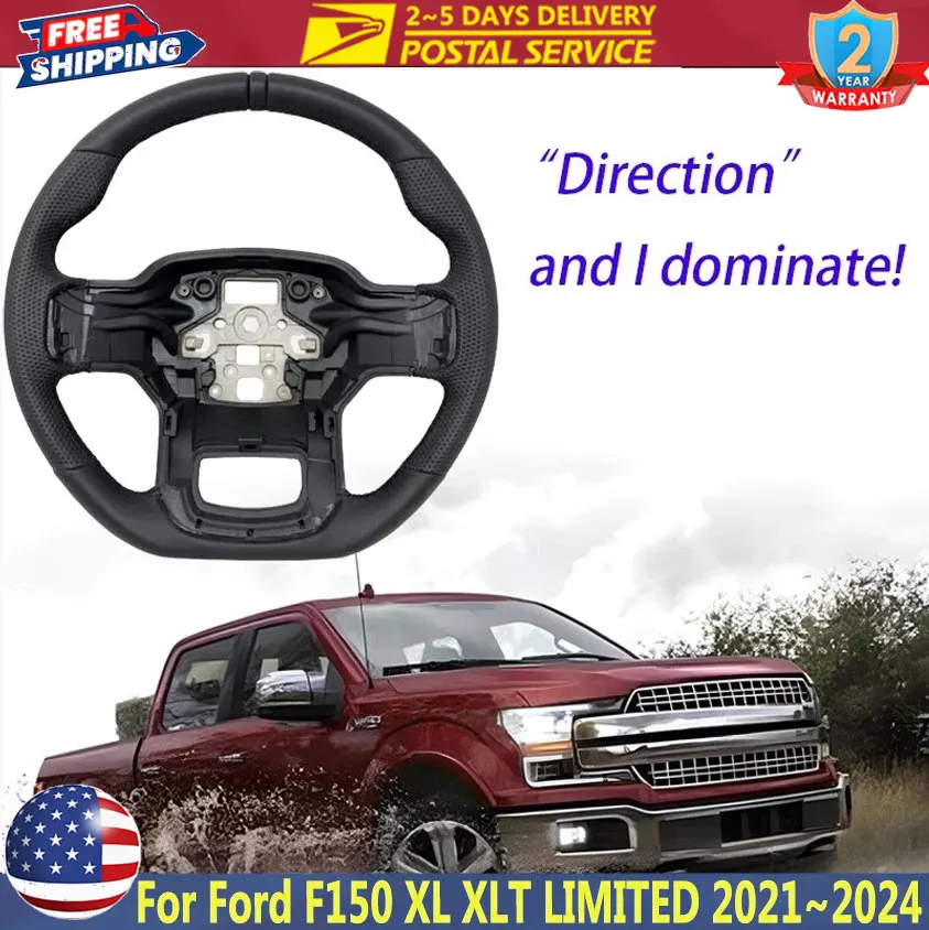 

Black 3D Ring Sports Steering Wheel Replace For Ford F150 XL XLT LIMITED 2021~2024 Full Leather Steering Wheel No Paddles Holes