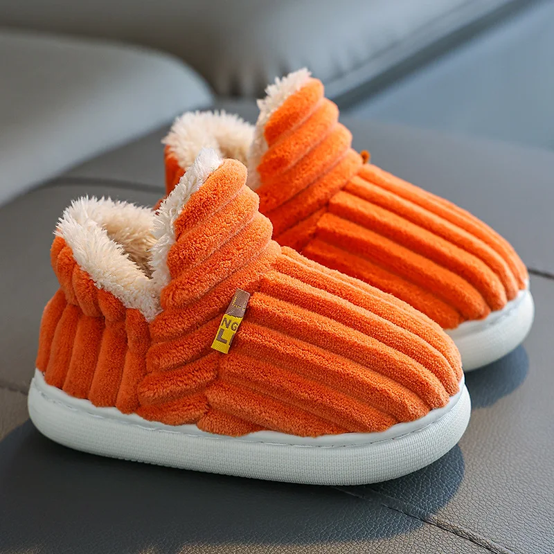 bota New Winter Concise Stripe Plush Slippers Child Non-slip Soft Sole Kids Boys Girl Heel Wrap Warm Parenting Home Cotton Shoes