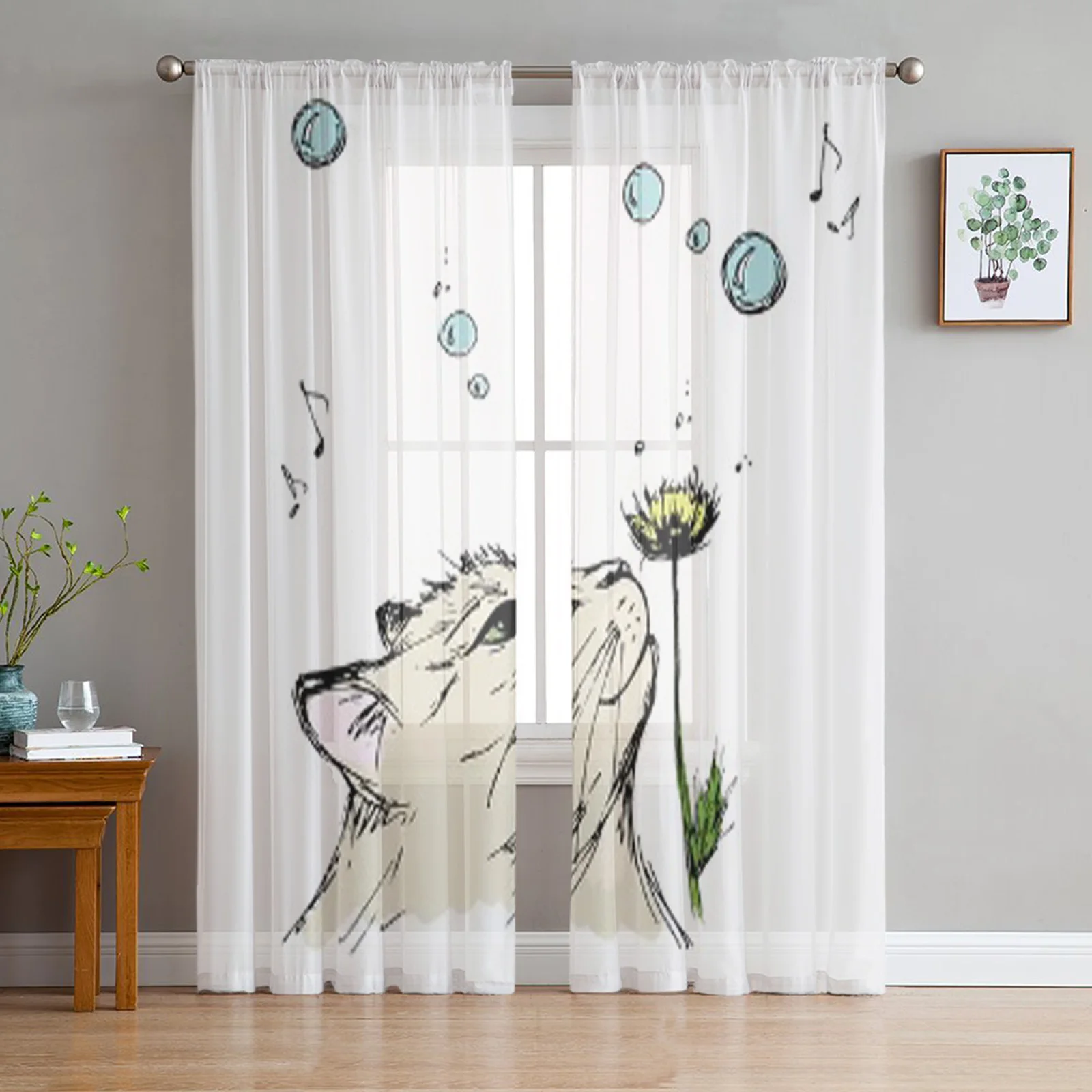 Cat Sniffing A Flower Spring White Tulle Sheer Curtains for Living Room Bedroom Kitchen Decoration Voile Organza Curtains