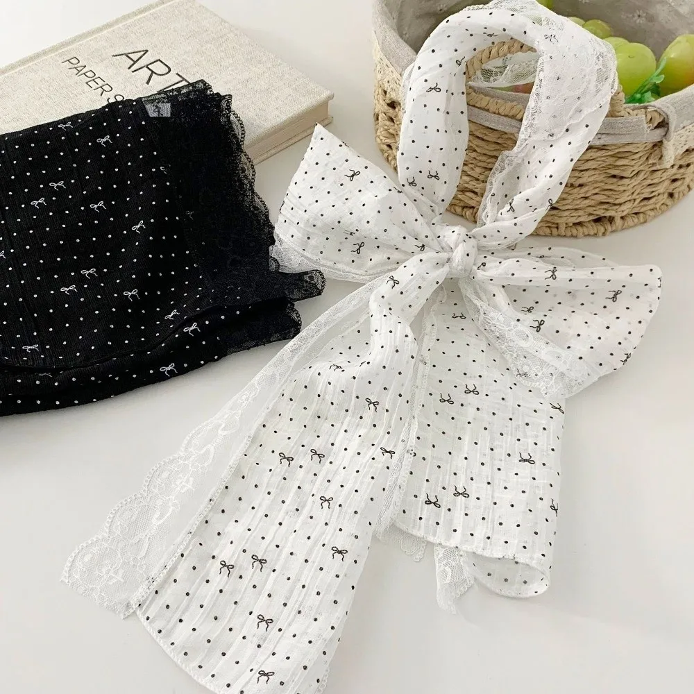 

New Butterfly Knot Silk Scarf Lightweight Polka Dot Drifting Belt Lace Edge Women Headscarf