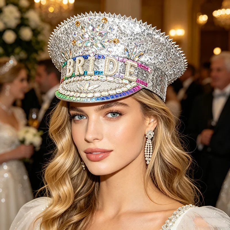 高級ホワイトピンクラインストーンパール花嫁キャプテンハット結婚式パーティーフェスティバル女性ヴィンテージミリタリーアクセサリーミリタリーキャップ