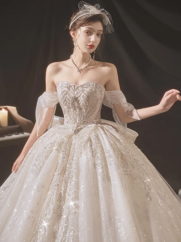 Robe de Mariée en Dentelle Brodée Sans Bretelles, Tenue de Princesse avec Grand Nministériels d, Nouvelle Collection 2023