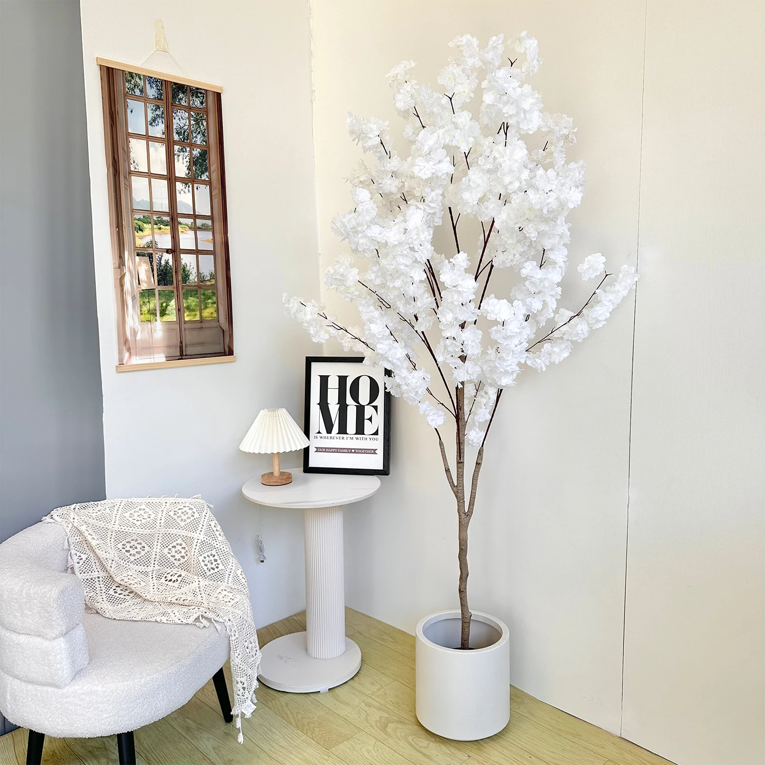 100-220cm Artificial White cherry Tree plant Natural Trunk Silk Fake leaves Ornamental indoor Faux Plant for Home Wedding Decor