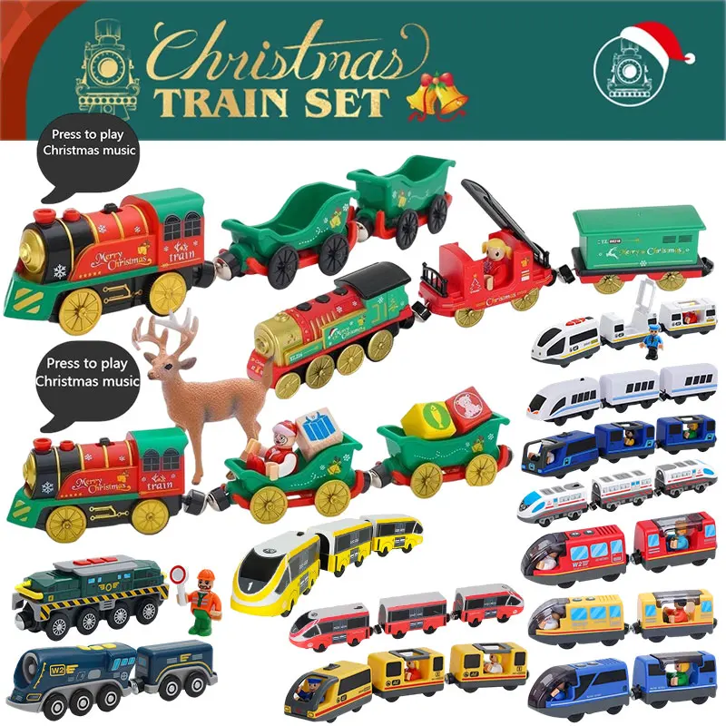 New Christmas Wooden Railway Compatible Electric Magnetic Train All Brand Train Track Locomotive Carriage Toy Chrismas Gift