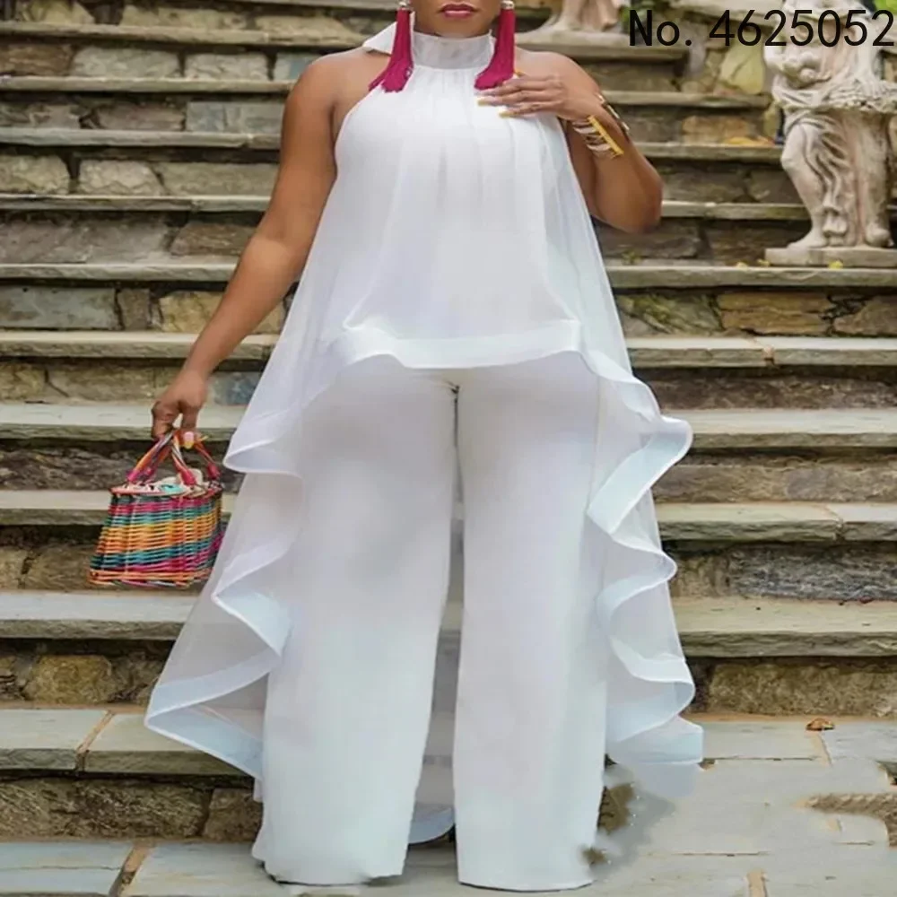 Women Summer White Pant Sets Backless Long Chiffon Blouse Wide Leg Trousers Elegant Ladies Party Vacation Beach 2 Pie