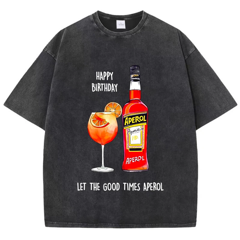 Casual Womans Acid Wash T-Shirts Aperol Spritz Prints Tops Distressed Crewneck Oversize Cotton Tee Shirts Trend Female Clothes